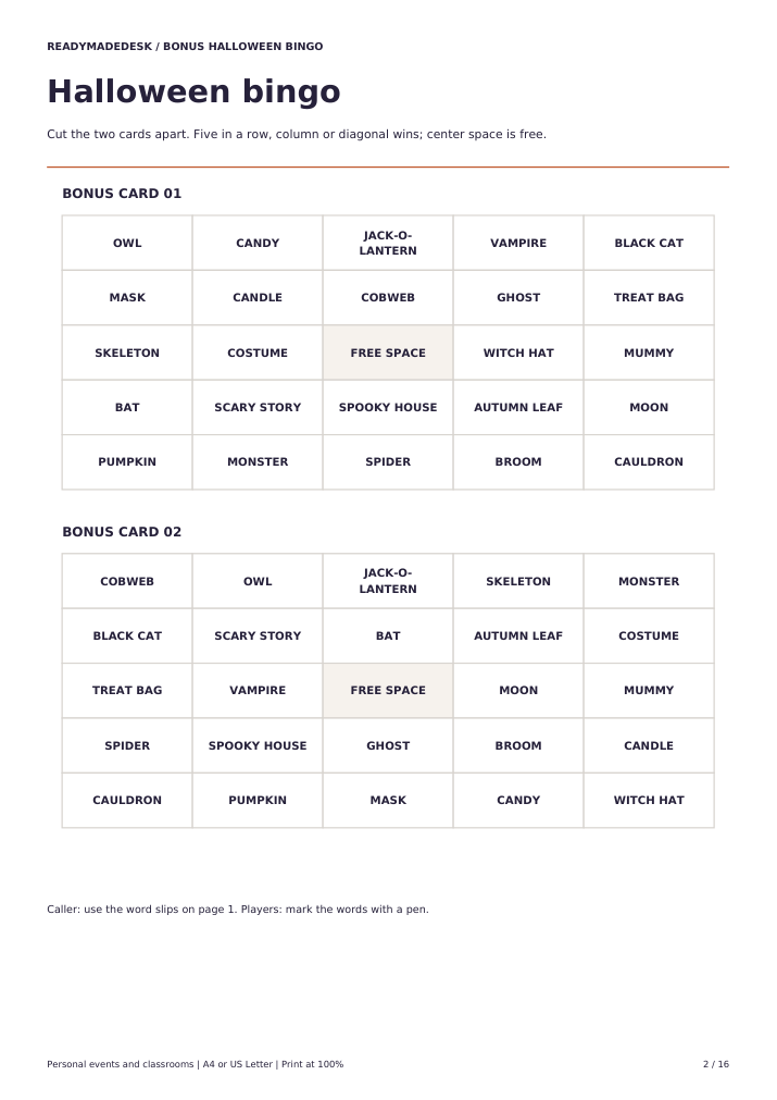 Actual page with two of the 30 bonus word-bingo cards