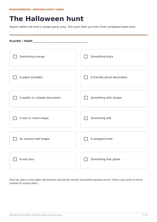 Printable Halloween scavenger hunt with twelve prompts